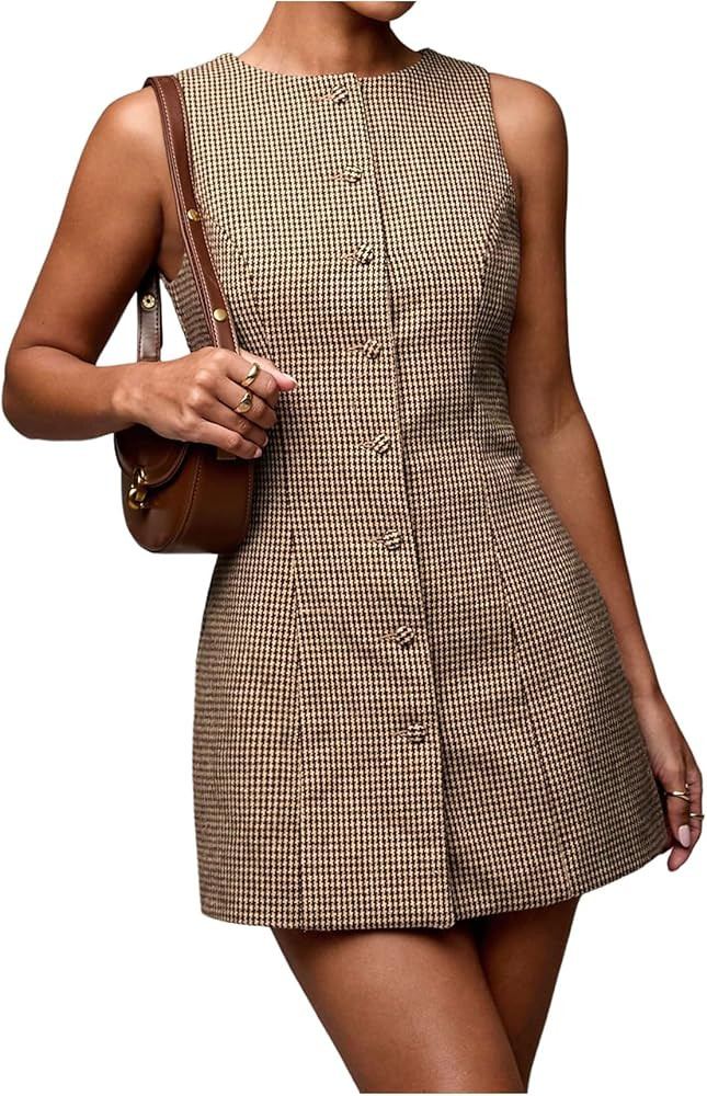 SOLY HUX Women's Plaid Button Down Dress Crew Neck Sleeveless Tie Back Work Office Mini Dresses | Amazon (US)