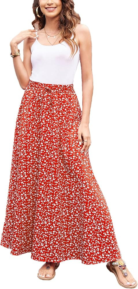 Bluetime Women Leopard Print Long Skirts Chiffon Summer Beach Pleated Elastic High Waisted Maxi S... | Amazon (US)