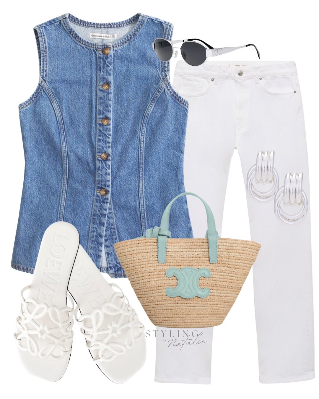 Double denim spring outfit- Denim waistcoat, white jeans, Loewe slides, celine tote bag and silver accessories. 

#LTKsummer #LTKspring #LTKuk