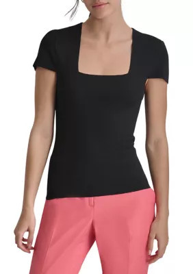DKNY Women's Short Sleeve Square Neck Top, Black, Small | Belk