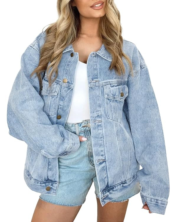 AUTOMET Women's Oversized Jeans Jacket, Classic Button Down Denim Jacket with Chest Pockets, Loos... | Amazon (US)