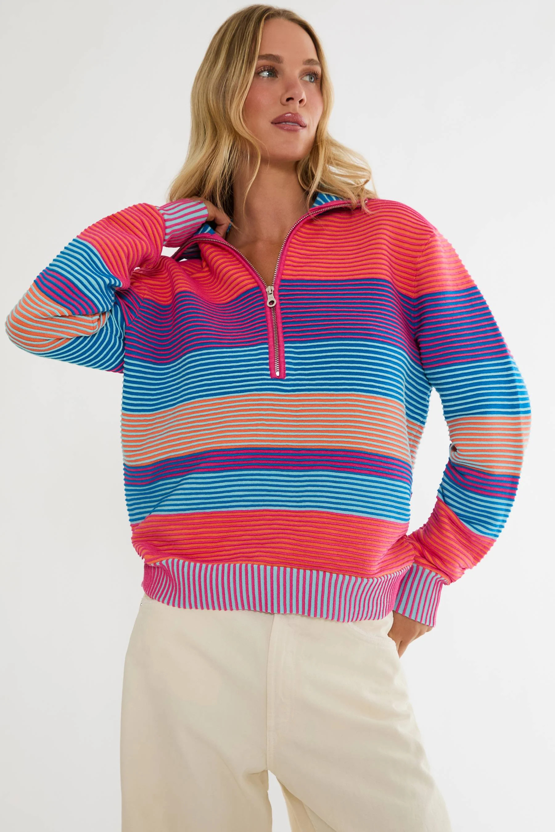 Lainey Sweater Vibrant Volley Stripe | Colorful Ottaman Two Tone Quarter Zip Sweater | Beach Riot | Beach Riot