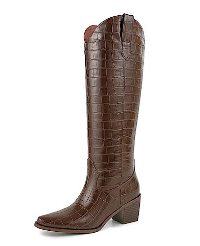 Pasuot Knee High Boots for Women - Brown Wide Calf Crocodile Print Cowboy Boots with Side Zipper, Pointed Toe Chunky Low Heel Retro Fashion Tall Cowgirl Boot Pull On for Ladies Fall Winter US 11 | Amazon (US)