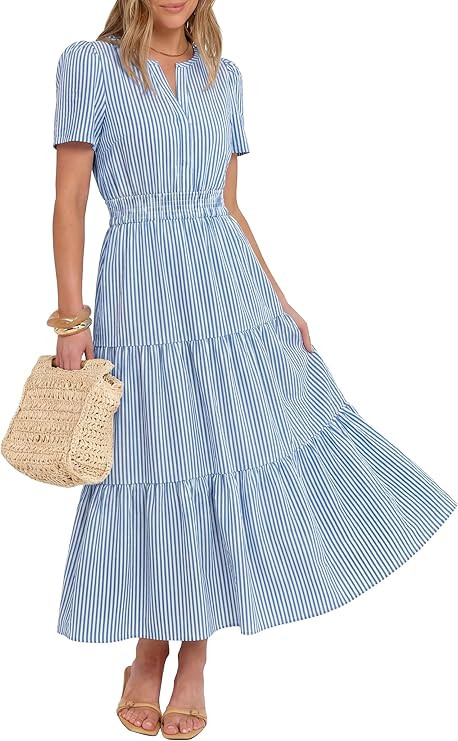 Caracilia Women's Summer Short Sleeve V-Neck Maxi Dress, Gingham & Striped Fabric, Casual A-Line ... | Amazon (US)