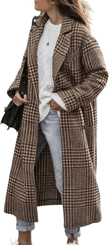 utcoco Women's Houndstooth Long Wool Coat Lapel Collar Button Down Loose Casual Winter Plaid Oute... | Amazon (US)