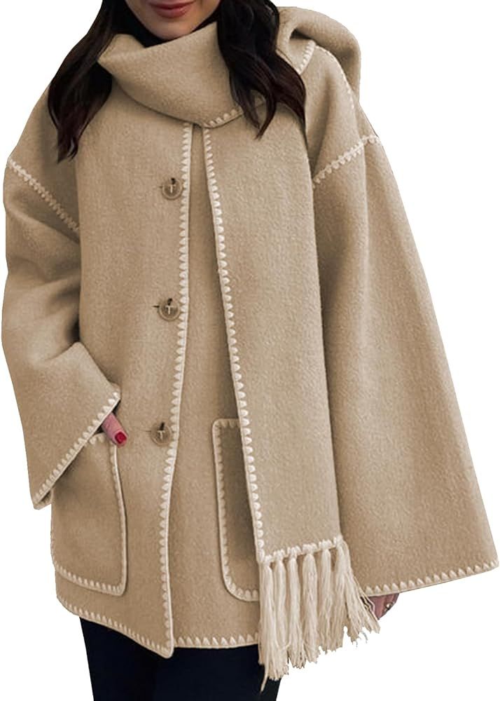 Antinson Womens Oversized Wool Blend Jacket With Scarf Button Down Shacket Overcoat Wool Coats wi... | Amazon (US)