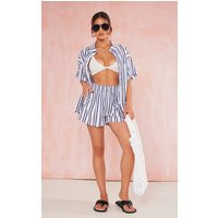 Navy Textured Linen Look Stripe Oversized Linen Shorts | PrettyLittleThing CAN