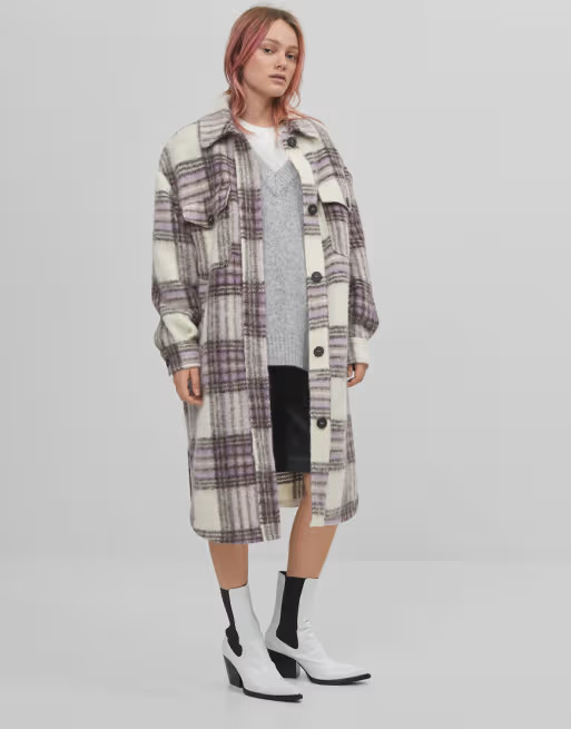 Bershka brushed longline overshirt shacket in lilac plaid | ASOS (Global)