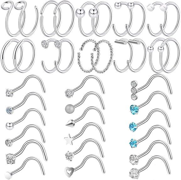 ONESING 38 Pcs 20G Nose Rings for Women Hoop Nose Rings Piercings Jewelry Nose Rings Studs Screw ... | Amazon (US)