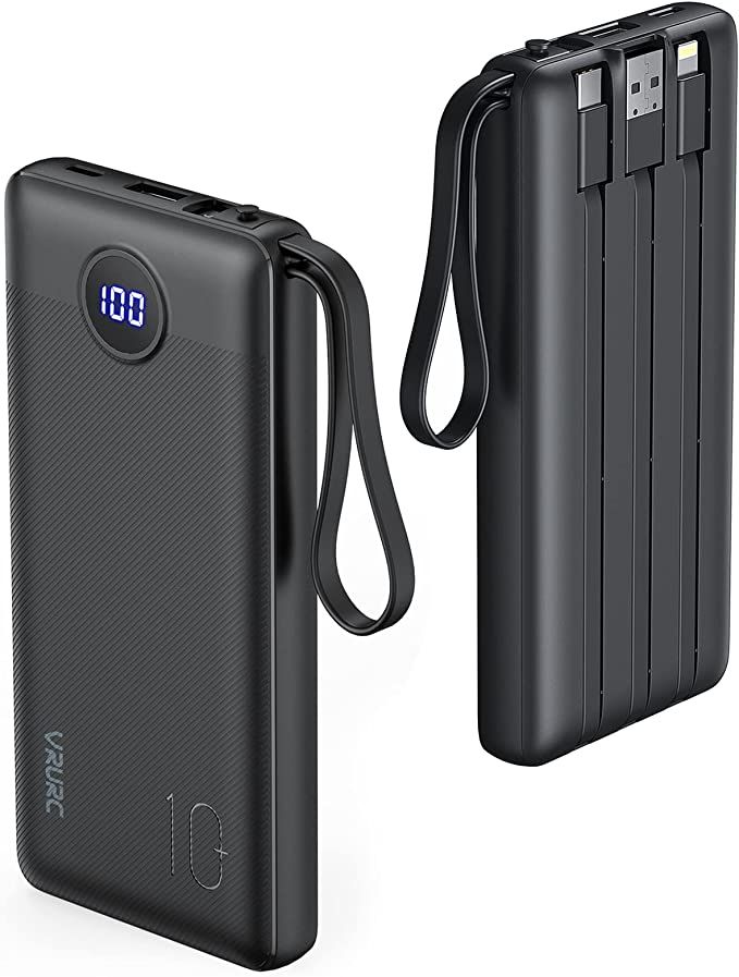 Portable Charger with Built in Cables,VRURC 10000mAh Ultra Slim USB C Power Bank,5 Output 2 Input... | Amazon (US)