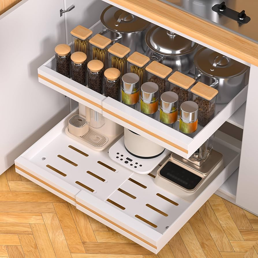 2 PACK Pull Out Cabinet Organizer|Metal Heavy Duty Slide Out Drawers Fixed with Nano Adhesive Fil... | Amazon (US)