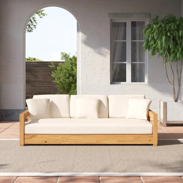 Montford 76.8'' Wide Outdoor Teak Patio Sofa with Cushions | Wayfair North America