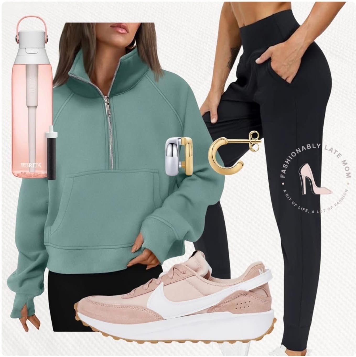 Mom on the go outfit ideas. 

Fashionablylatemom. 
Workout outfit. 
Womens clothing. 
Trending outfit. 
Womens joggers. 
Lightweight jogger pants. 
Womens zip-up. 
Womens sweatshirt. 
Half-zip cropped top. 
Brita water bottle. 
Hard sided Water Bottle. 
Filtered water. 
Gold earrings. 
Gold jewelry. 
Silver details. 
Womens shoes. 
Nike waffle shoes. 
Running shoes. 
Womens sneakers. 
Pink sneakers. 


#LTKShoeCrush #LTKStyleTip #LTKSeasonal