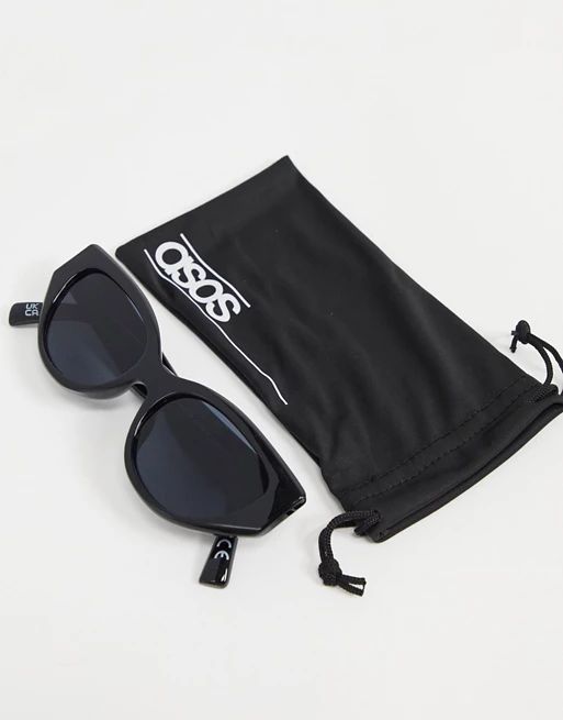 ASOS DESIGN recycled frame almond cat eye sunglasses with bevel detailing in shiny black | ASOS (Global)