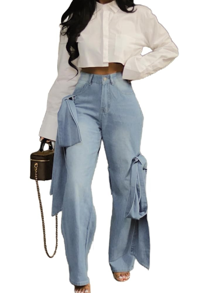Vaceky Bow Tie Jeans Women Y2K High Waisted Straight Leg Trendy Denim Pants | Amazon (US)