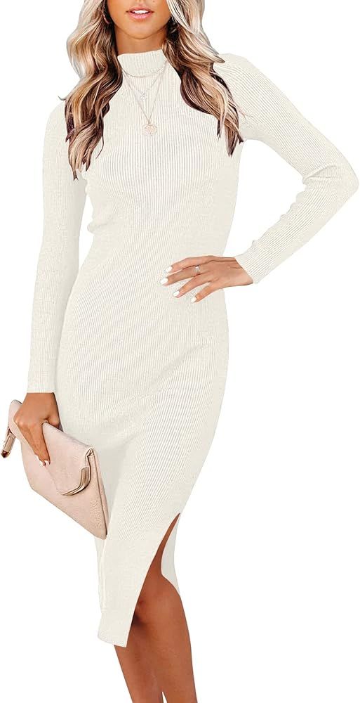 WONETA Women's Long Sleeve Ribbed Midi Dress Mock Neck Slim Fit Slit Knit Sweater Dress | Amazon (US)