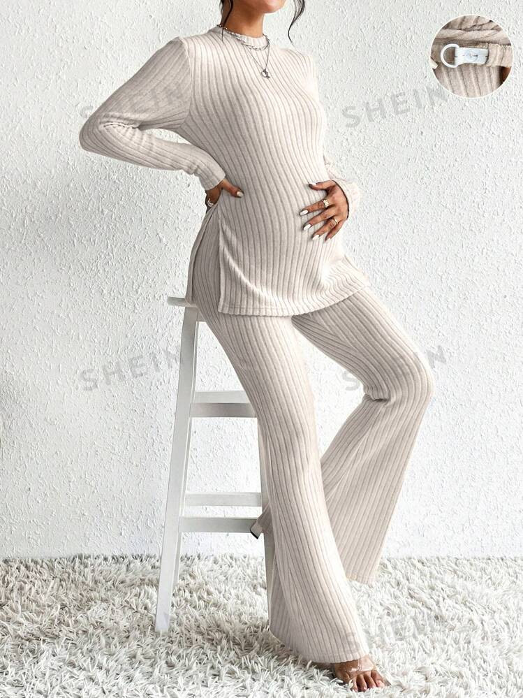 SHEIN MaterniWear Maternity Split Hem Long Sleeve Tee & Adjustable Waist Flare Leg Pants | SHEIN