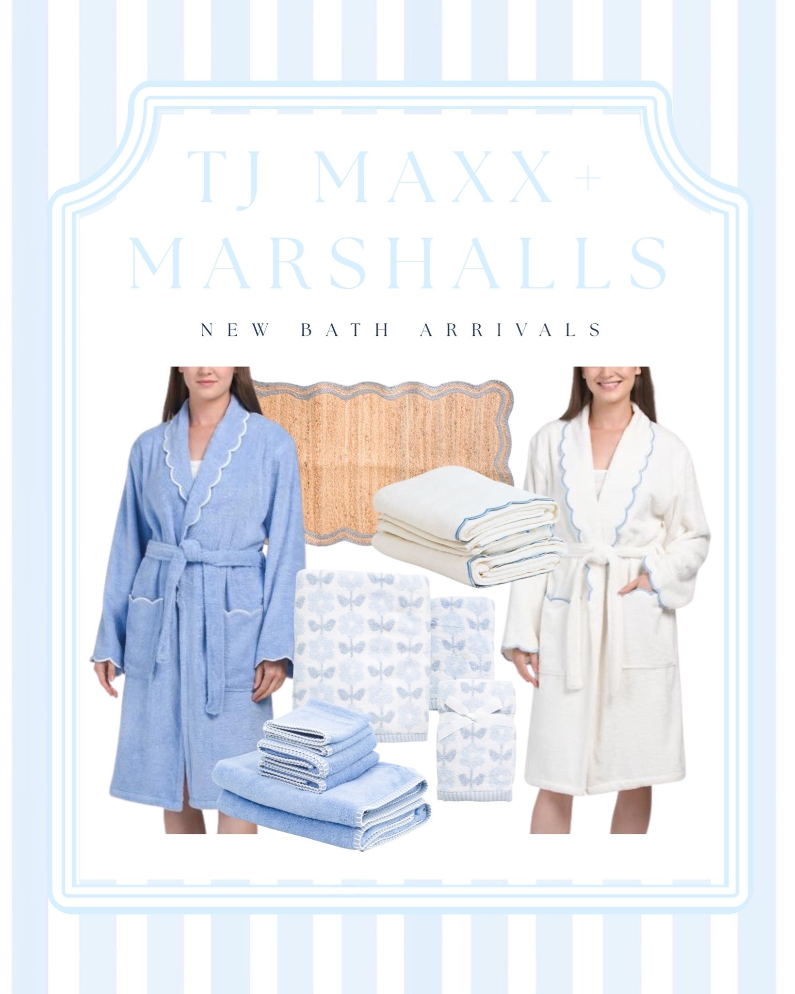@tjmaxx @Marshalls treat yourself with new luxury for less bath towels & robes added online at TJ Maxx & Marshalls 🫧🫧

✨ New TJ Maxx + Marshalls bath arrivals are SO good right now! If you love Serena & Lily-inspired style, coastal home decor, and elevated bathroom accessories for less, don’t skip the bath section. I’m spotting scalloped detailed bath robes, bath rugs, blue and white towels, coastal patterned towels, luxury robes, and designer-look bath linens that make your bathroom feel like a boutique hotel. 🤍🩵

#LTKHome #LTKgrwm #LTKselfcare