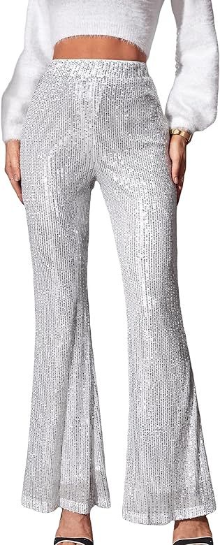 Floerns Women's Sequin High Waist Flare Leg Pants Bell Bottom Club Trousers | Amazon (US)