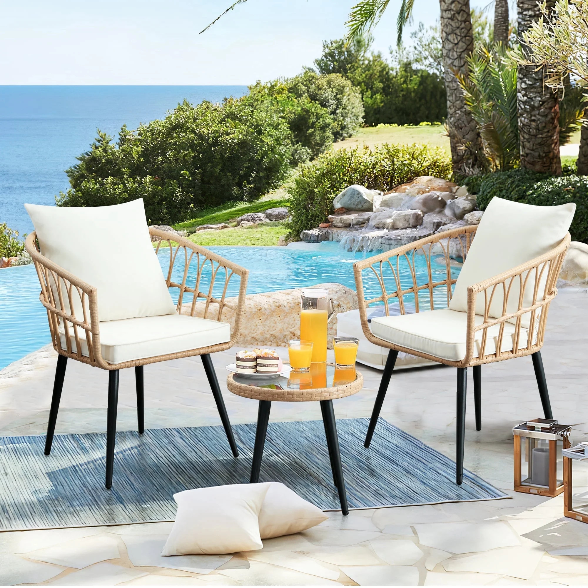 3 Piece Patio Bistro Set,Outdoor Wicker Apartment Balcony Furniture Sets, Rattan Table and Chairs... | Walmart (US)