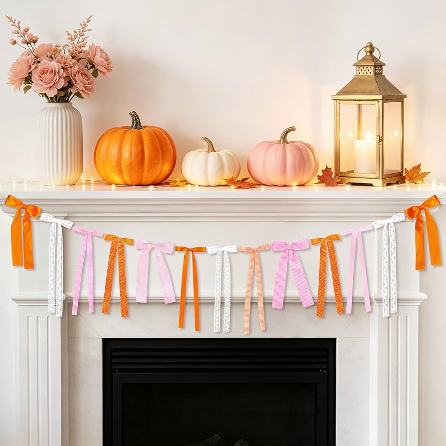 Pink and Orange Fall Bow Garland, Thanksgiving Fall Mantel Bows Garland | Amazon (US)