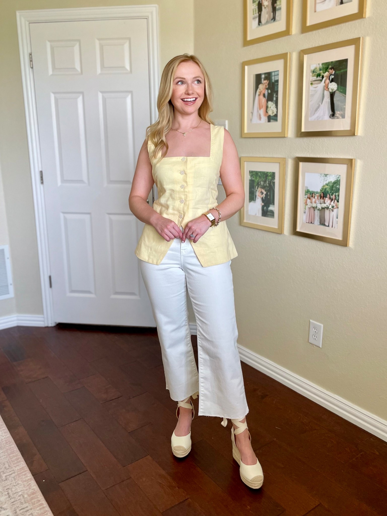 Wearing an XS in the top and 26P in jeans! Love this butter yellow vest for spring and summer! 

#LTKStyleTip #LTKPetite #LTKSeasonal