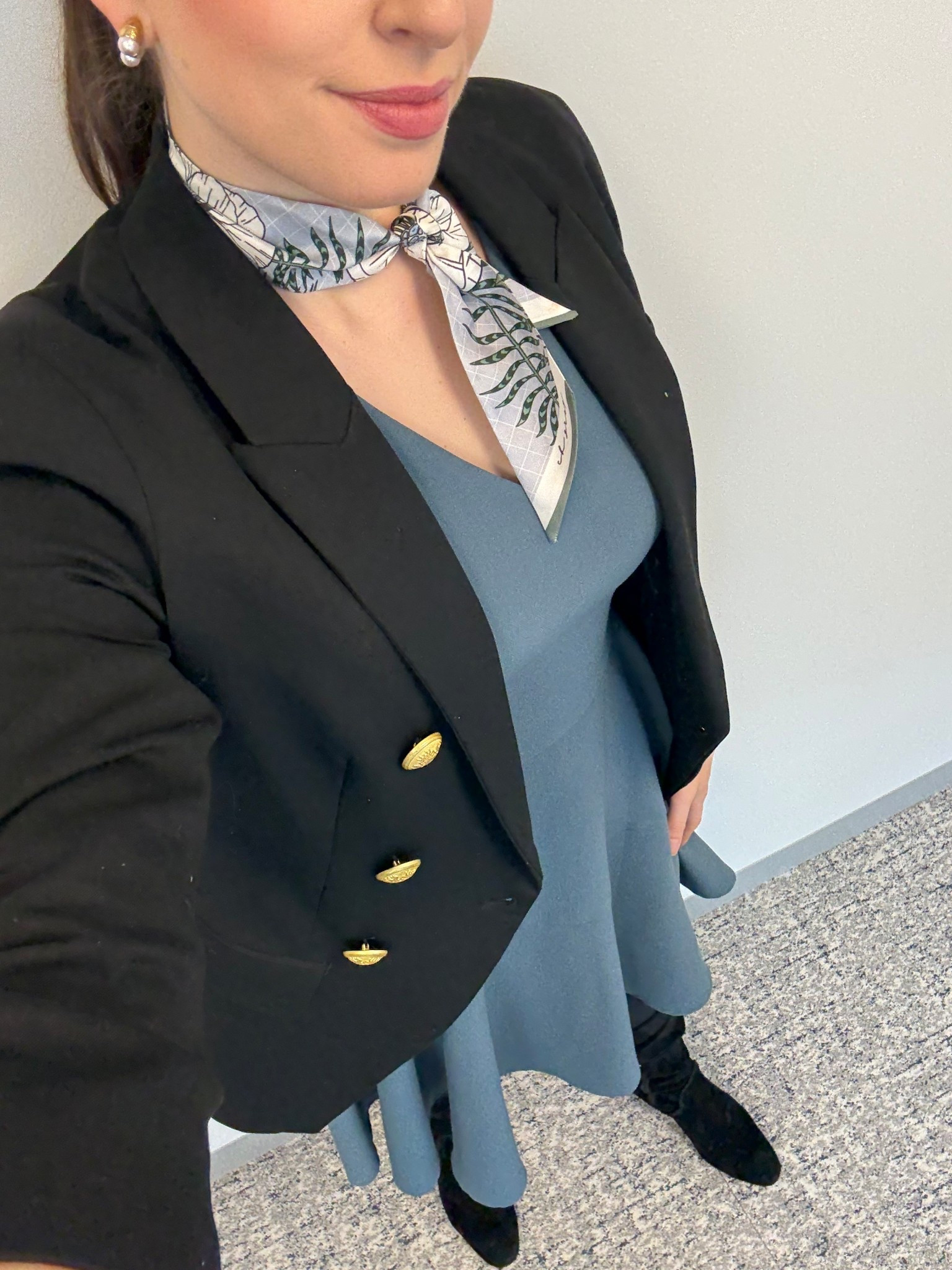 Office style, office outfit, corporate style, corporate outfit, corporate workwear, winter to spring transition outfit, winter to spring workwear, winter to spring corporate style, gal meets glam dress, black blazer, black double breasted blazer, silk scarf, neck scarf, black suede boots, tall black suede boots 

#LTKSeasonal #LTKTall #LTKWorkwear