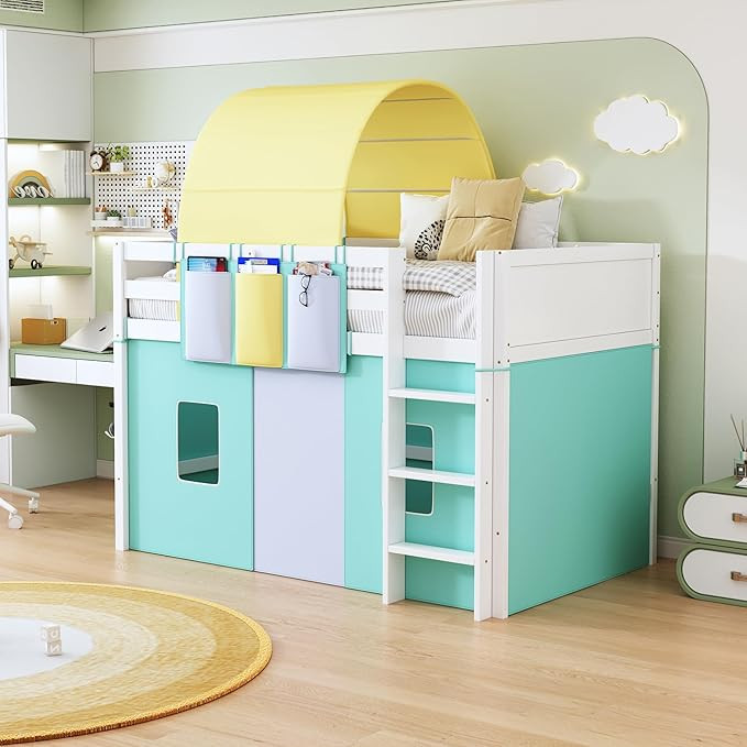 Harper & Bright Designs Low Loft Bed Kids Twin Size Loft Bed Frame with Tent and Tower and Three ... | Amazon (US)