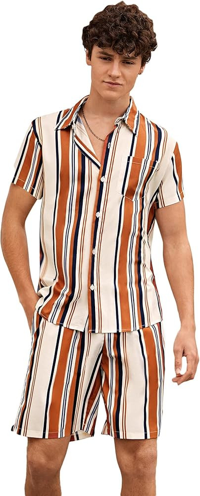 Milumia Men's 2PCS Outfit Colorblock Striped Button Down Collared Shirt and Shorts Set | Amazon (US)