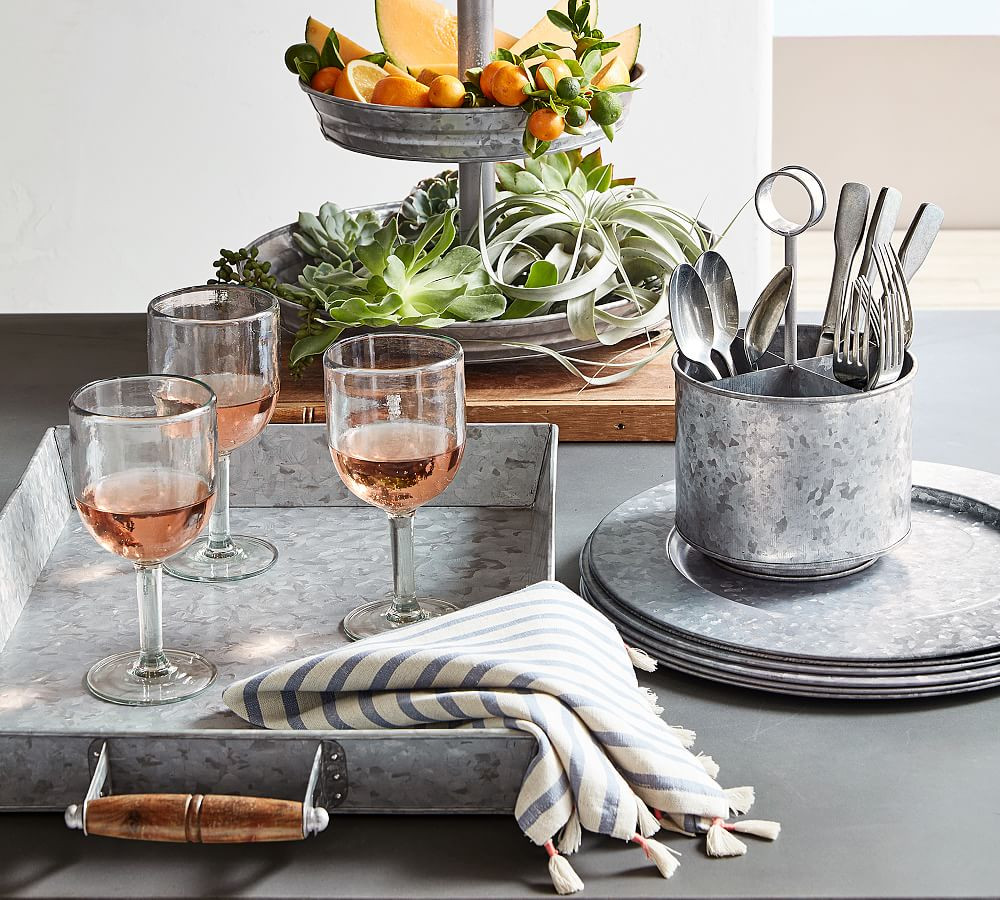 Galvanized Metal Rectangular Serving Tray with Wood Handles | Pottery Barn (US)