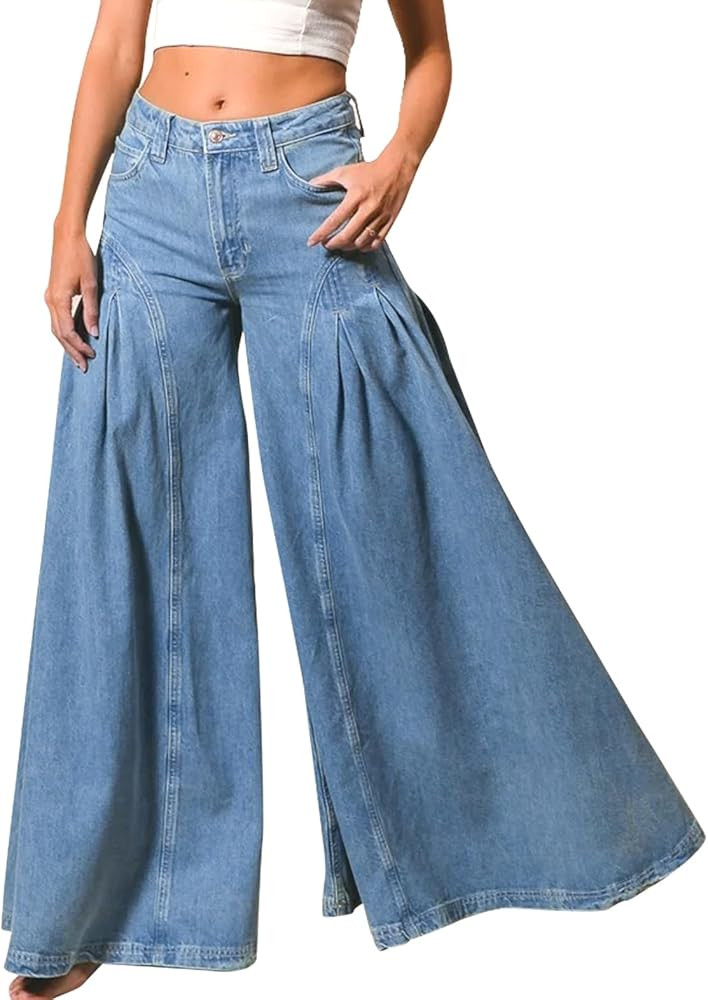 Women Bell Bottom Jeans High Waist Stretch Wide Leg Baggy Flared Pleated Vintage Casual Loose Den... | Amazon (US)