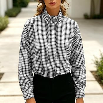 Women's Plaid Jacket Casual Long Sleeve Checked Bomber Jackets Stand Collar, Zip Up Vintage Harri... | Amazon (UK)