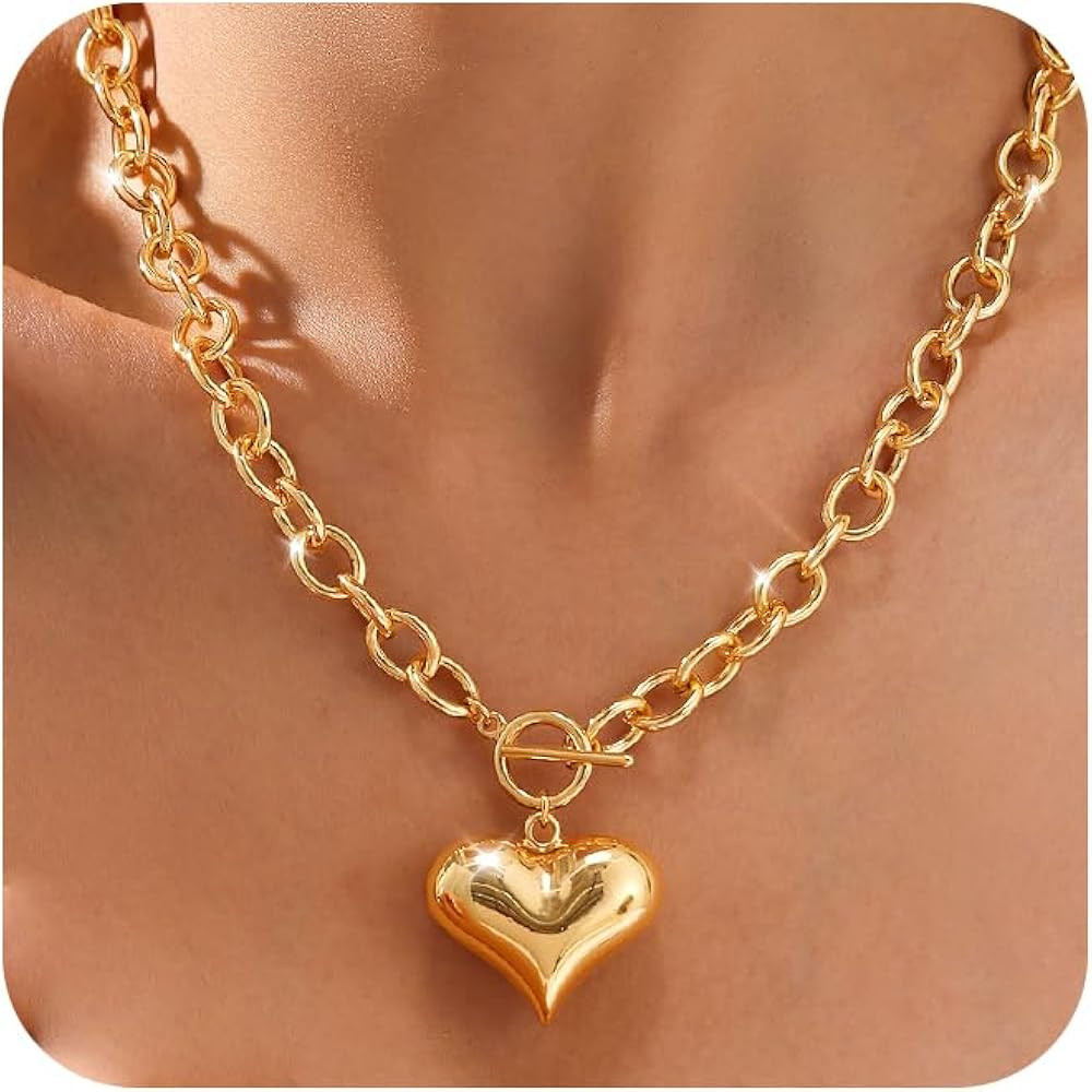 Carffordo Gold Heart Necklace for Women – Chunky 14K Gold Plated Heart Pendant Necklace with To... | Amazon (US)
