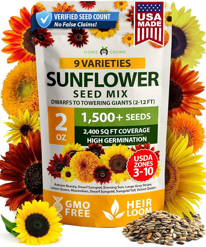 HOME GROWN Sunflower Seeds Mix Pack 1,500+ 9 Colorful Varieties of Sun Flower Seeds to Plant - 2-... | Amazon (US)
