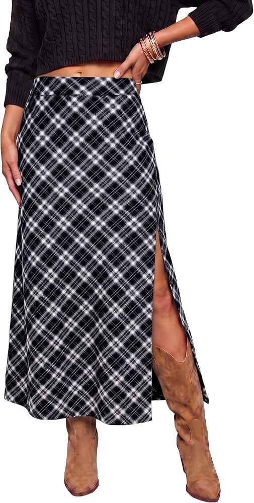 luvamia Plaid Maxi Skirts for Women Trendy A-Line Long Skirt with Side Slit | Amazon (US)