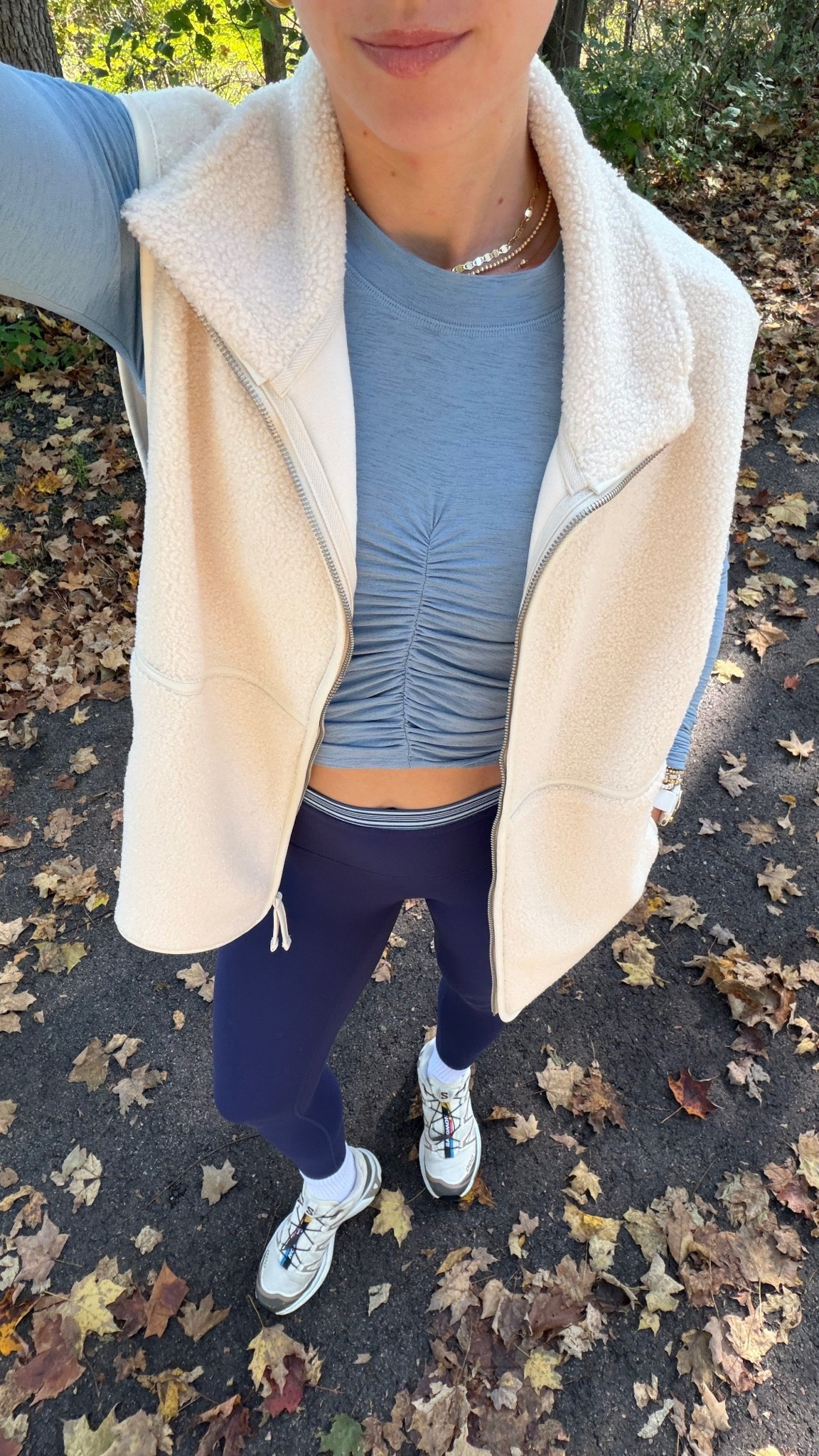 10/13/26 Cute Fall Walk Outfit 🍂🤎

Because even a fall walk deserves a cute outfit 🍂🤎 Wearing my blue @abercrombie YPB leggings set with a Free People Movement long sleeve, an older Abercrombie fleece vest + @Salomon XT-6 sneakers.
Finished the look with Amazon socks + sunglasses! Linking everything I can here
