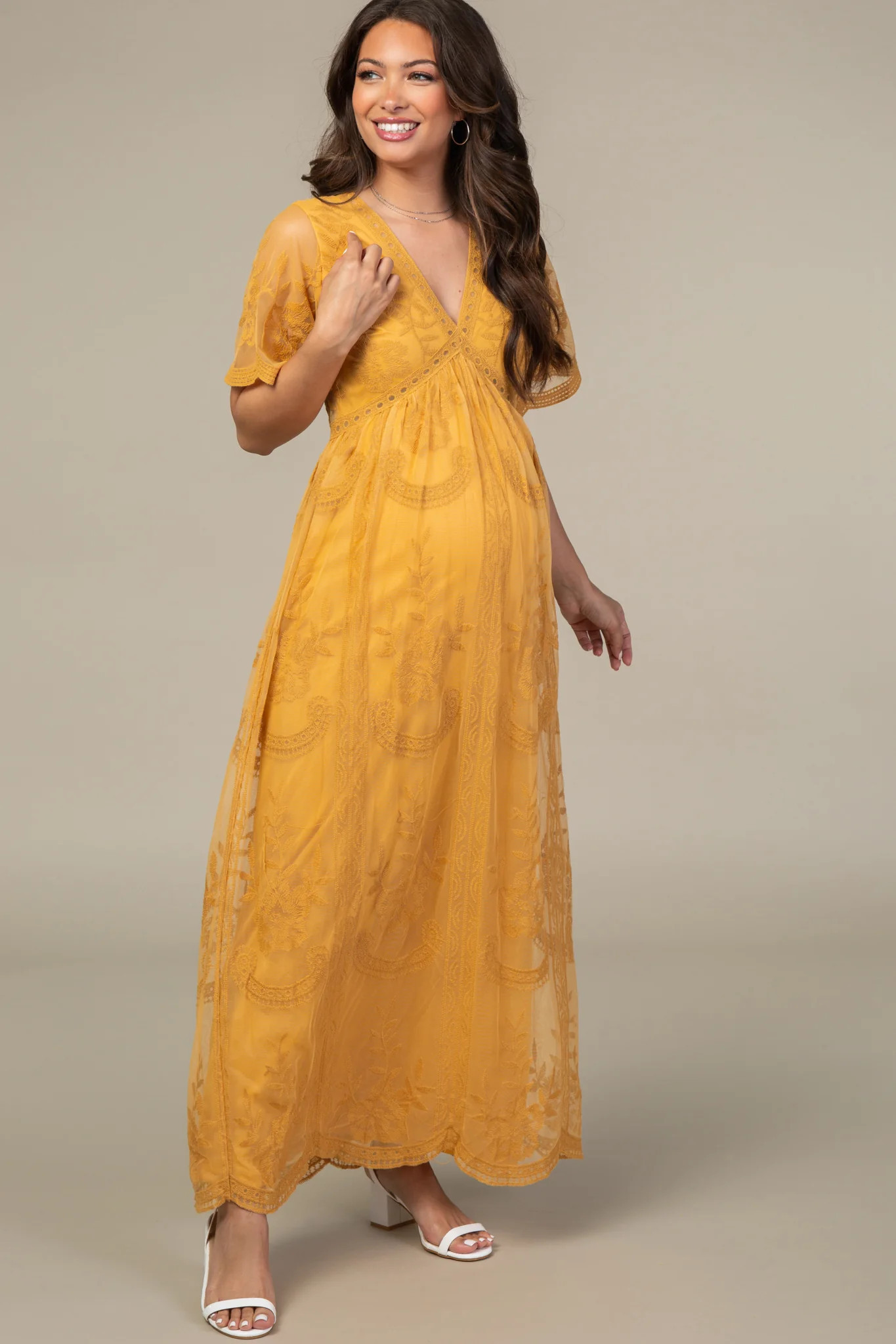 PinkBlush Mustard Lace Mesh Overlay Maternity Maxi Dress | PinkBlush Maternity