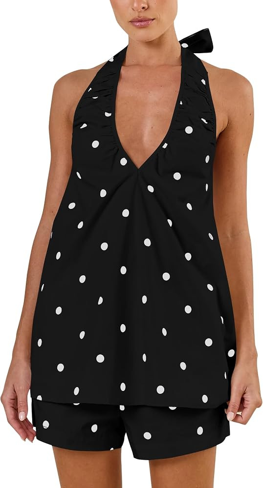 Polka Dot Short Sets for Women Deep V Neck Sleeveless Halter Top High Rise Shorts Matching 2 Piec... | Amazon (US)