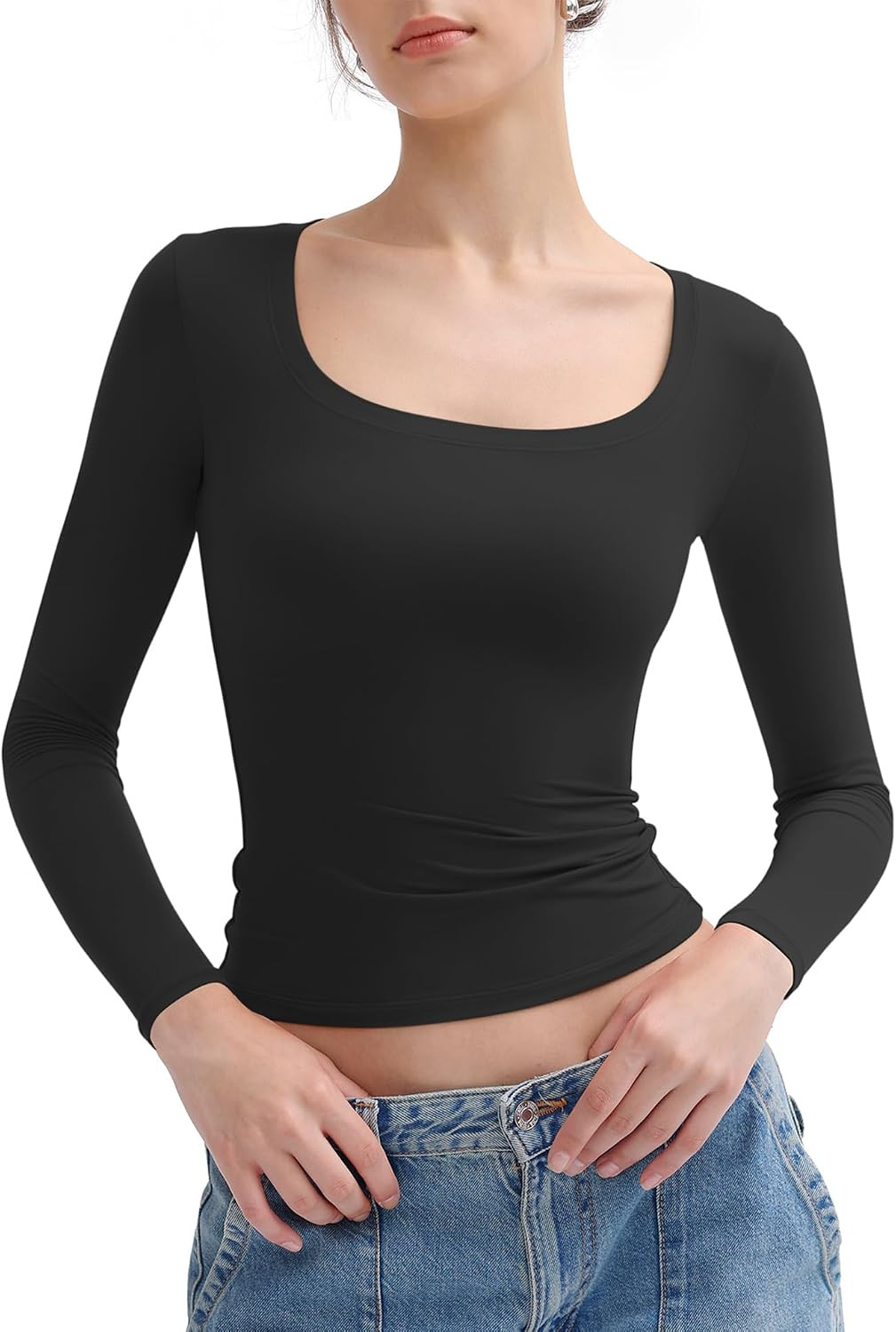 PUMIEY Women's Long Sleeve T Shirts Scoop Neck Slim Fit Going Out Tops Double Lined Basic Tee Smoke Cloud Collection | Amazon (US)