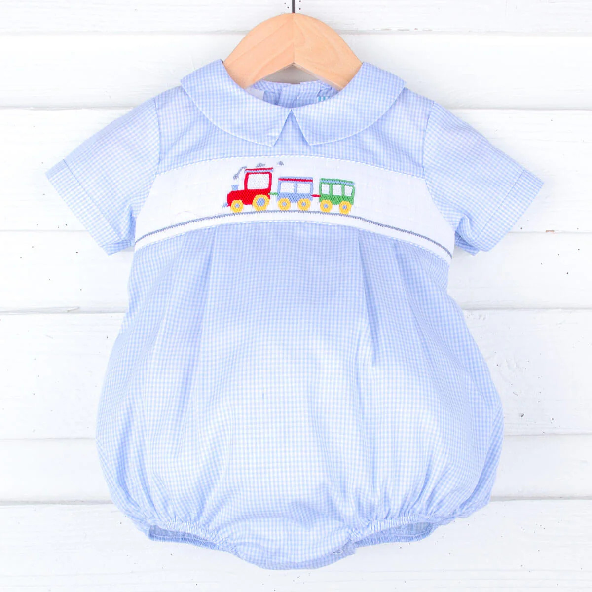Train Smocked Light Blue Gingham Collared Bubble | Classic Whimsy