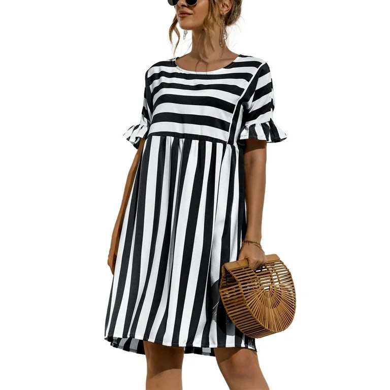 Avamo Short Sleeve Summer Dress for Women Color Block Crewneck Pockets Tunic Dress Flowy Swing Dr... | Walmart (US)