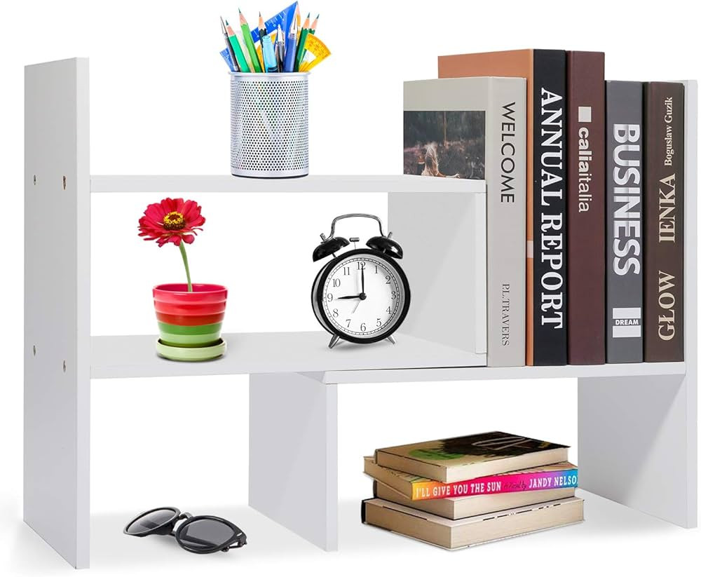 Wood Adjustable Desktop Storage Organizer Display Shelf Rack, Office Supplies Desk Organizer,Whit... | Amazon (US)