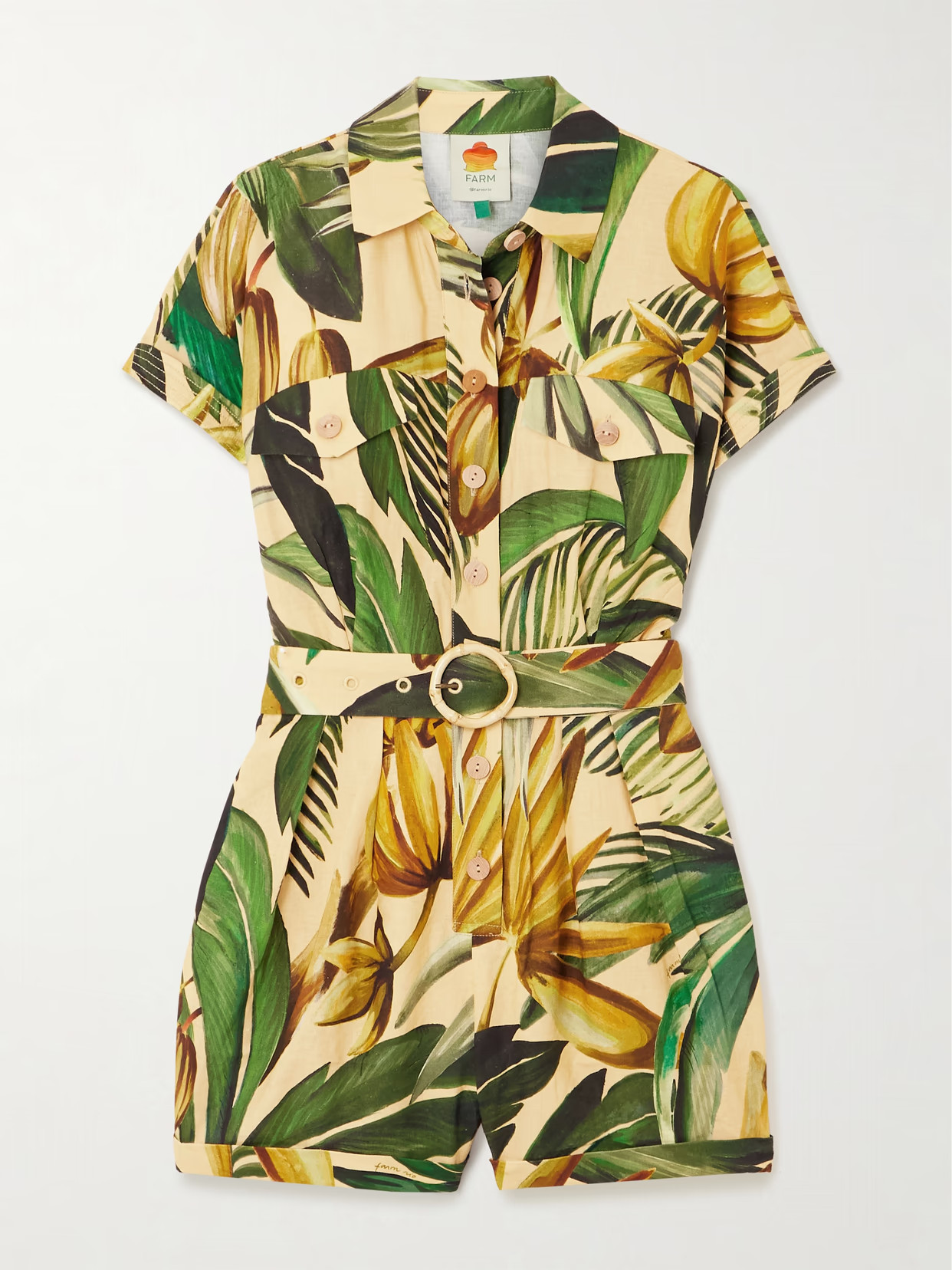 Farm Rio - Bananart Belted Printed Linen-blend Playsuit - Green | NET-A-PORTER (US)