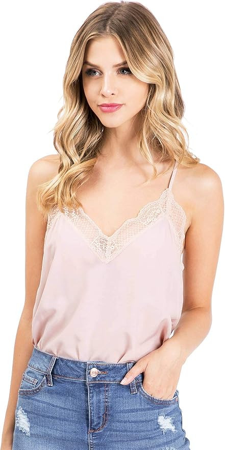 Lana Roux Women's Juniors Lace Trim Satin Racerback Cami Tank Top | Amazon (US)