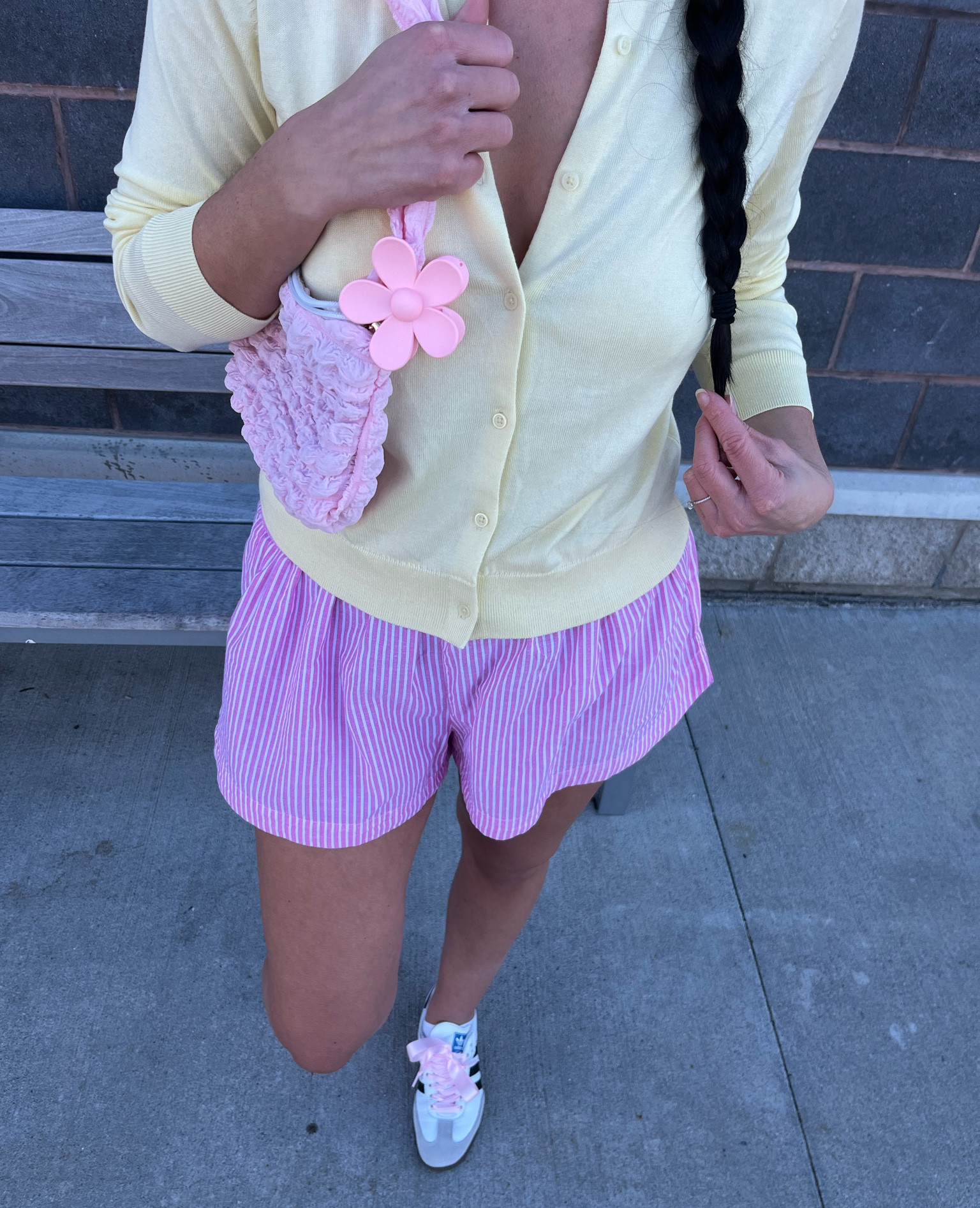 Embracing colour this summer 🤩 loving pink and yellow outfits! 

pink boxer shorts, flower clip, yellow cardigan

#LTKstyletip