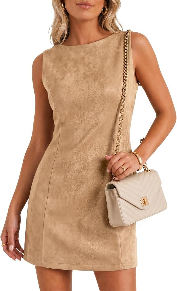 Wenrine Womens Suede Mini Dress Fall A Line Zipper Slim Party Dresses | Amazon (US)