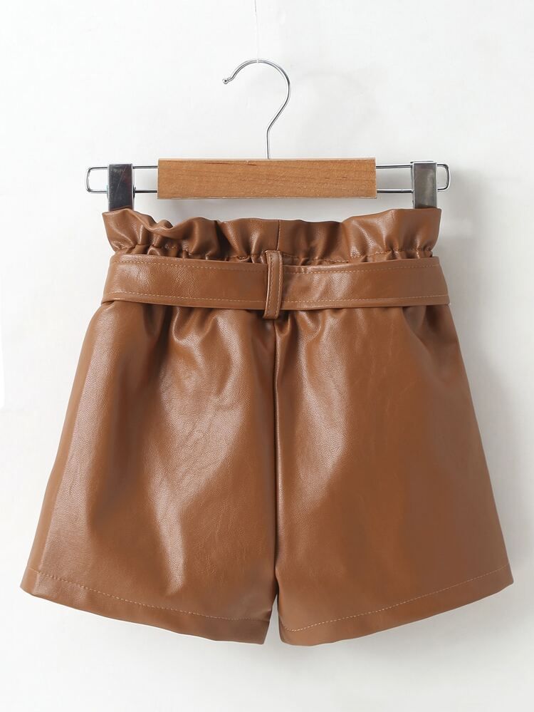 Toddler Girls PU Leather Belted Paper Bag Waist Shorts | SHEIN