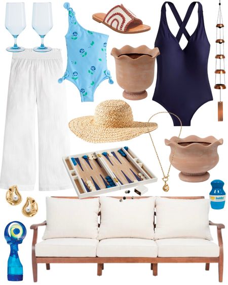 Outdoor patio porch furniture, straw beach hat, backgammon, hydrangea, swim, swimsuit, white beach pants, outdoor drinkware, scalloped planter, wavy, oyster earrings, oyster necklace, summer style, beach style, straw hat, wind chime, mommy and me, leather sandals, slides, summer shoes, classic preppy style 

#LTKSeasonal #LTKunder100 #LTKswim