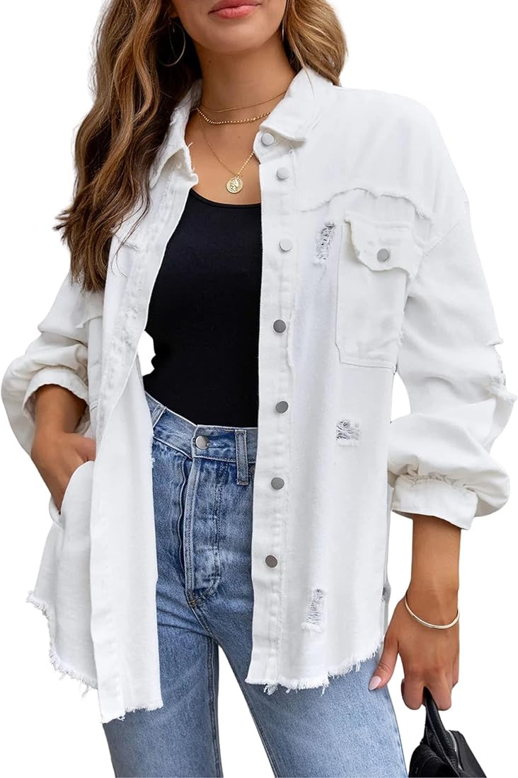 PUWEI Ripped Fringe Jean Jacket Women Distressed Washed Button Down Frayed Denim Shacket with Poc... | Amazon (US)
