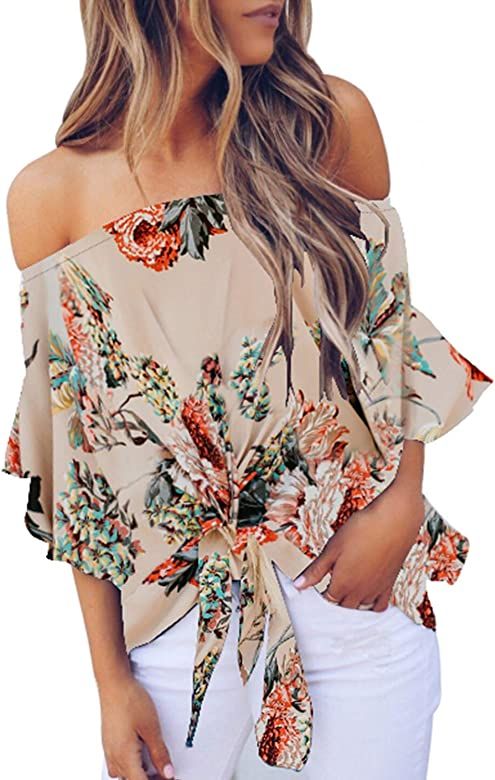 Asvivid Womens Summer Floral Printed Off The Shoulder Tops 3 4 Flare Sleeve Tie Knot T-Shirt Blou... | Amazon (US)